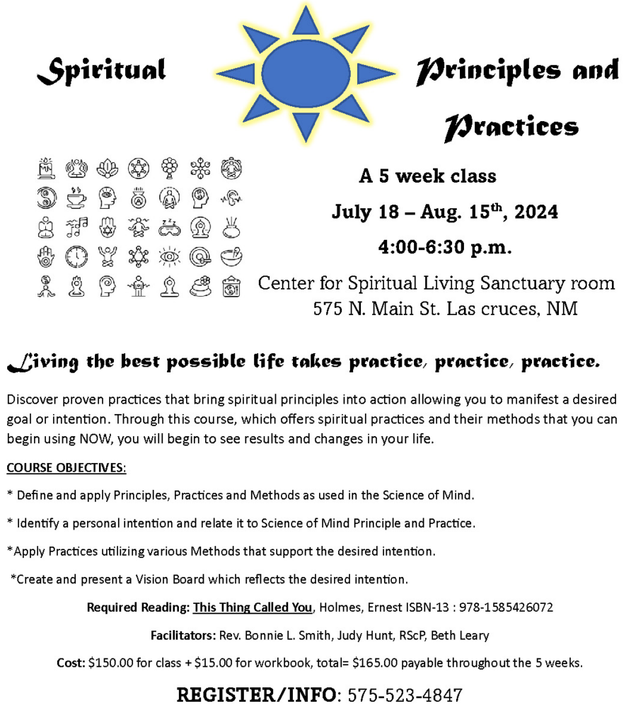 Large poster flier Spiritual Principles and Practices July 2024 Class