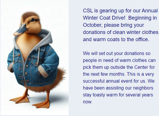 Winter Coat Drive duck in coat graphic 2024